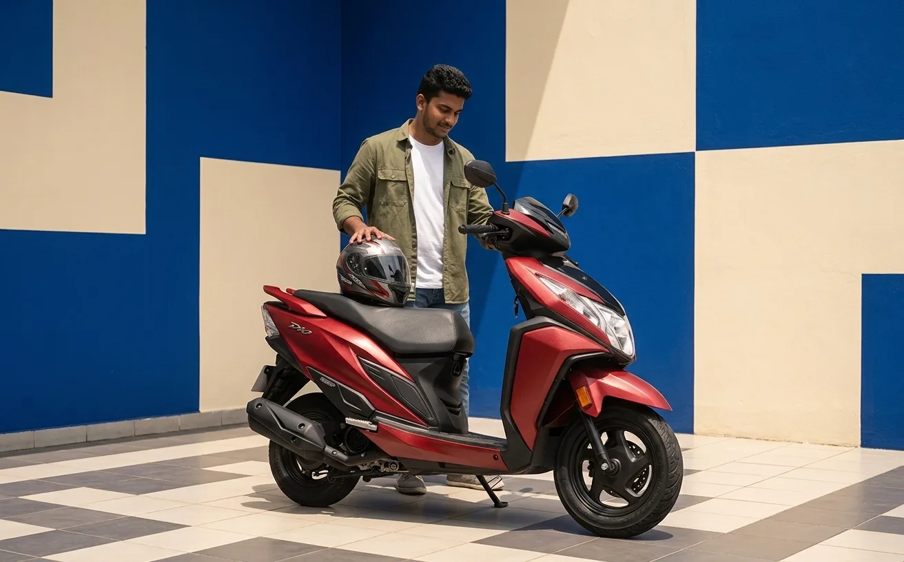 Concept image of a rider arriving with his red Dio